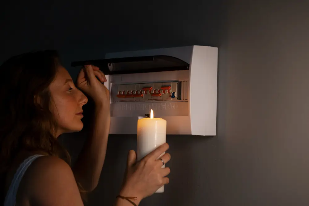 Woman holding a candle to a fuse box during a power cut