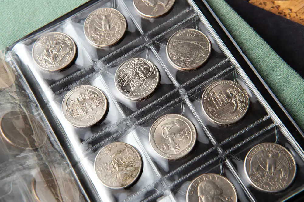 Coins arranged in a clear collector’s album