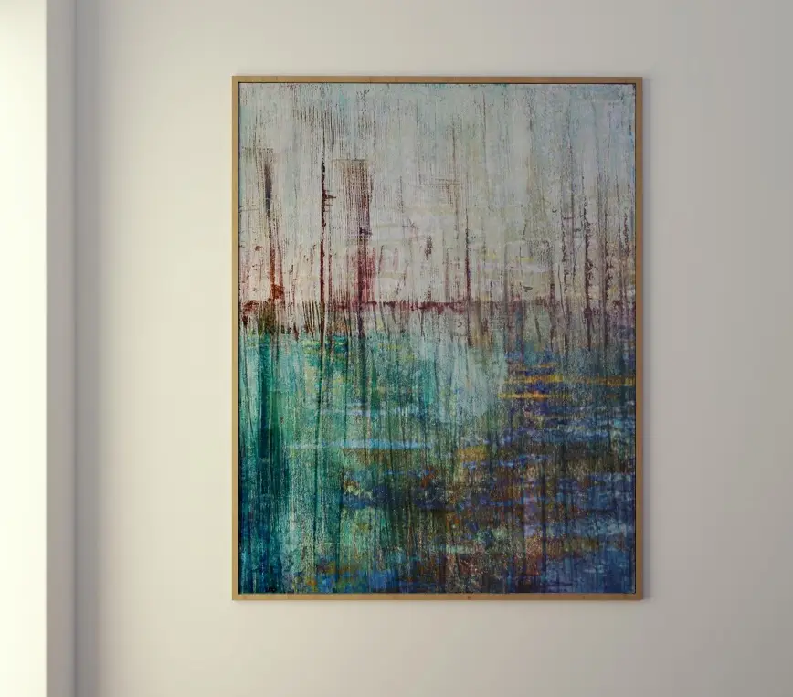 Abstract painting hanging on a white wall