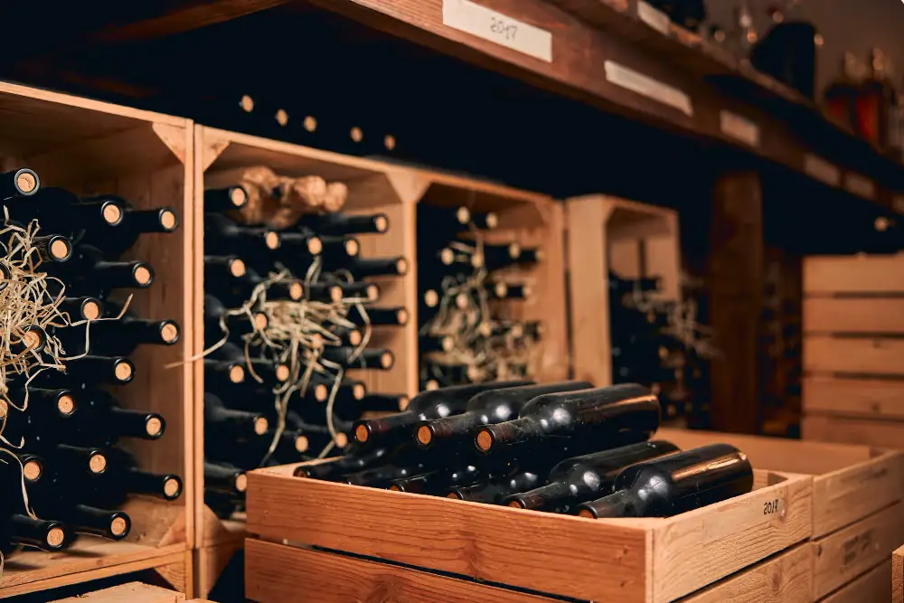 Wine bottles stored in wooden cases
