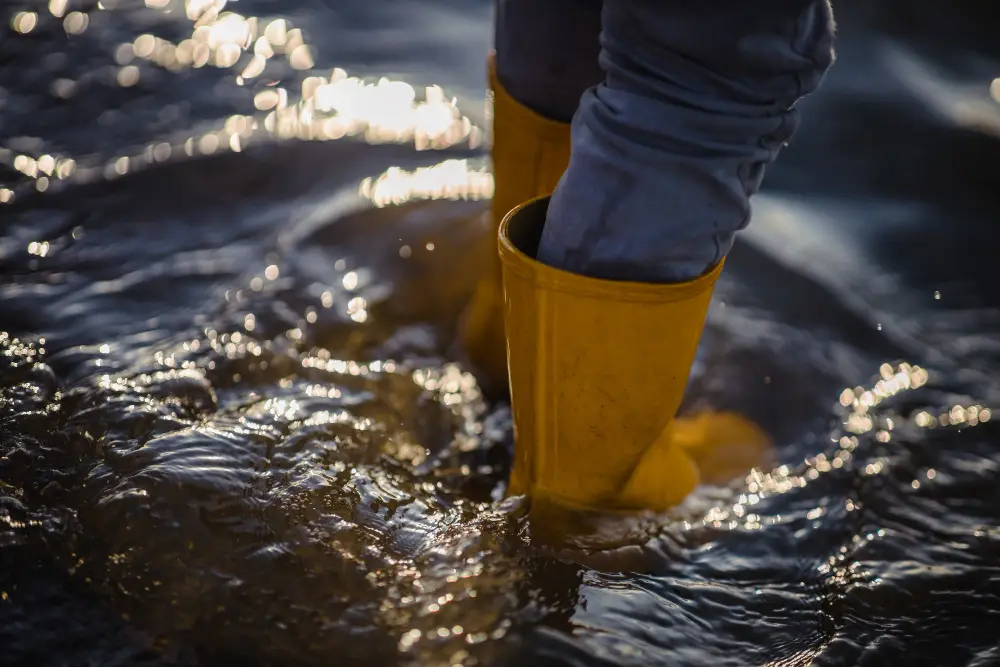 close up of person in wellington boots in flood
