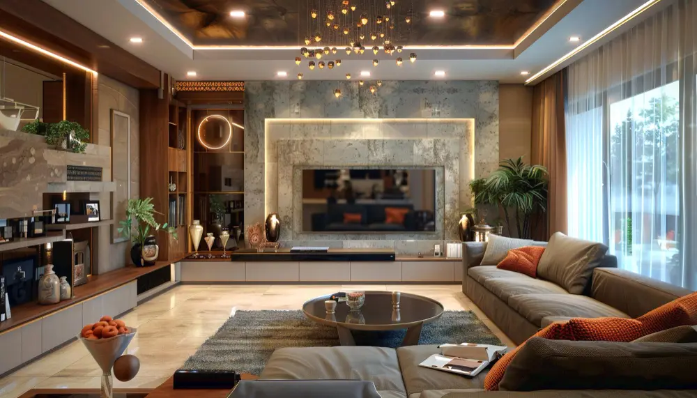 Modern living room with a wall-mounted television and feature lighting