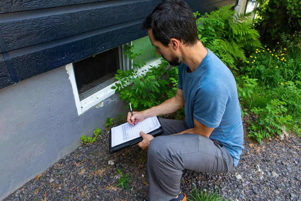 man checking foundations of house