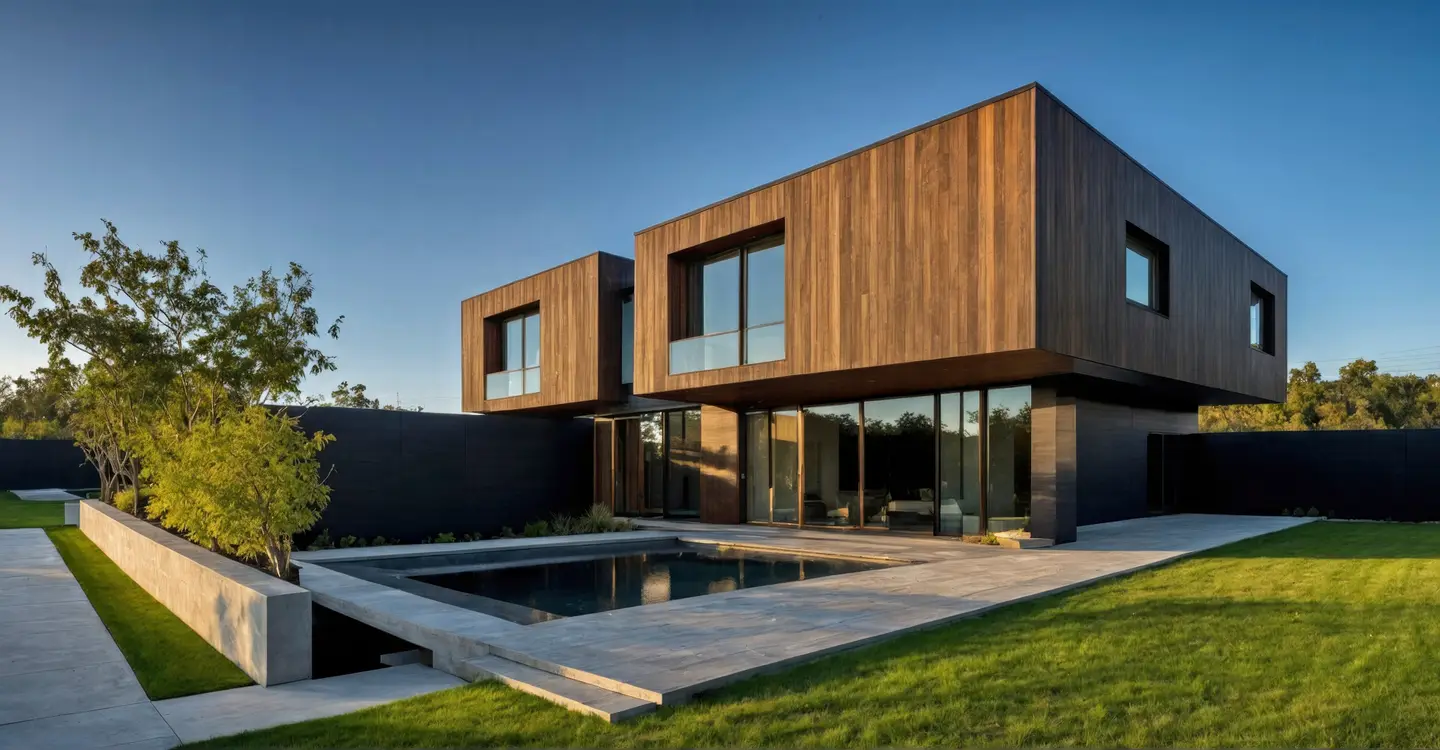 A house with a pool and a wooden deck that has a pool in the middle