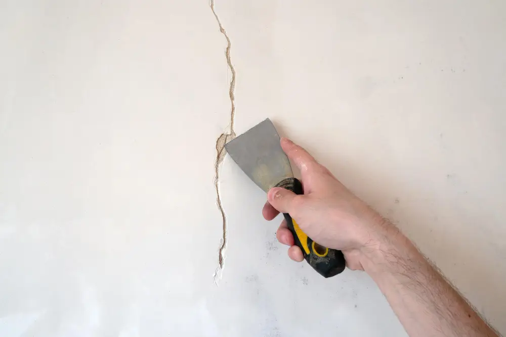 close up of workman reparing crack in house