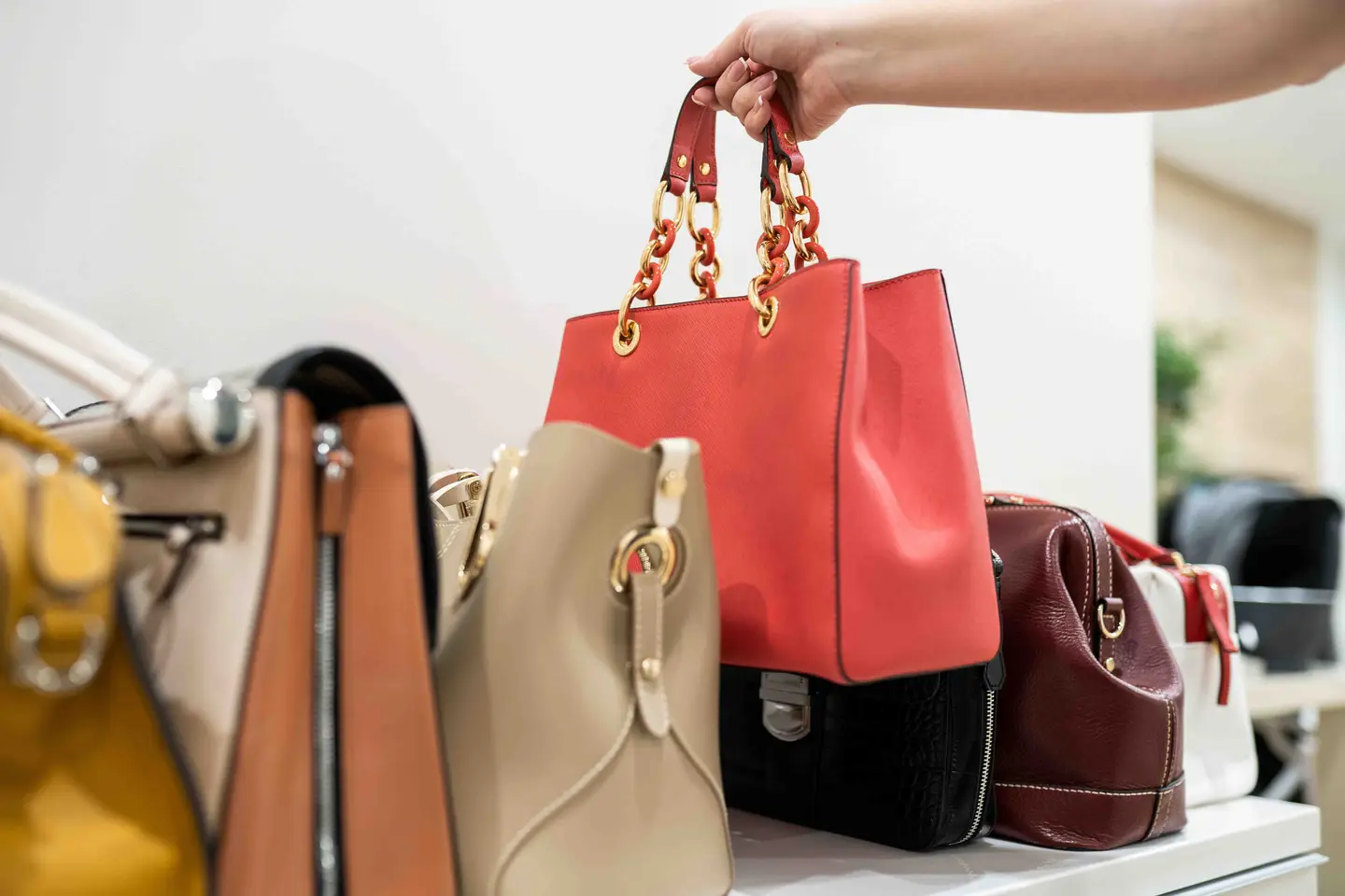 Collection of designer handbags on a shelf