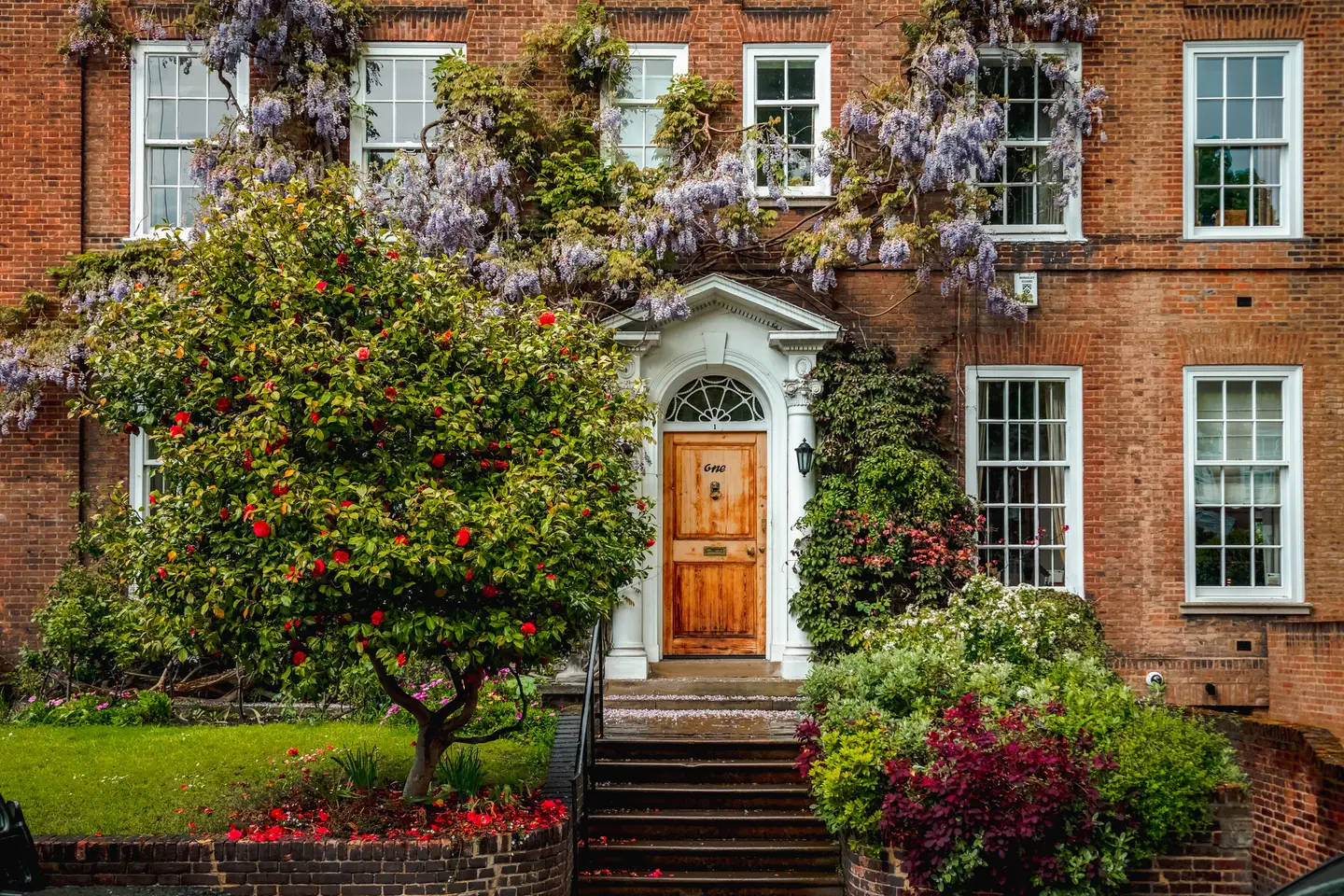 Red-brick period house with a wisteria-covered front