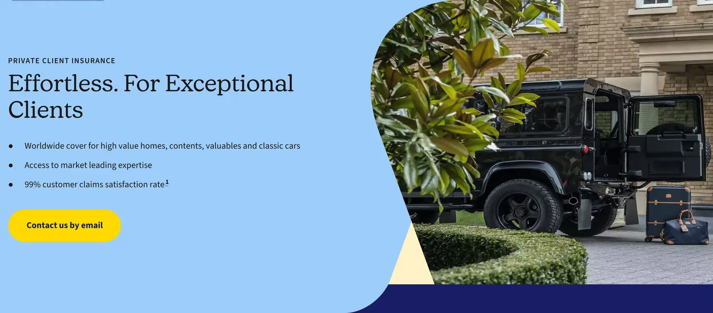 Aviva Private Client Insurance hero section, "Effortless. For Exceptional Clients," listing worldwide cover for high-value homes, contents, valuables and classic cars, and a 99% customer claims satisfaction rate