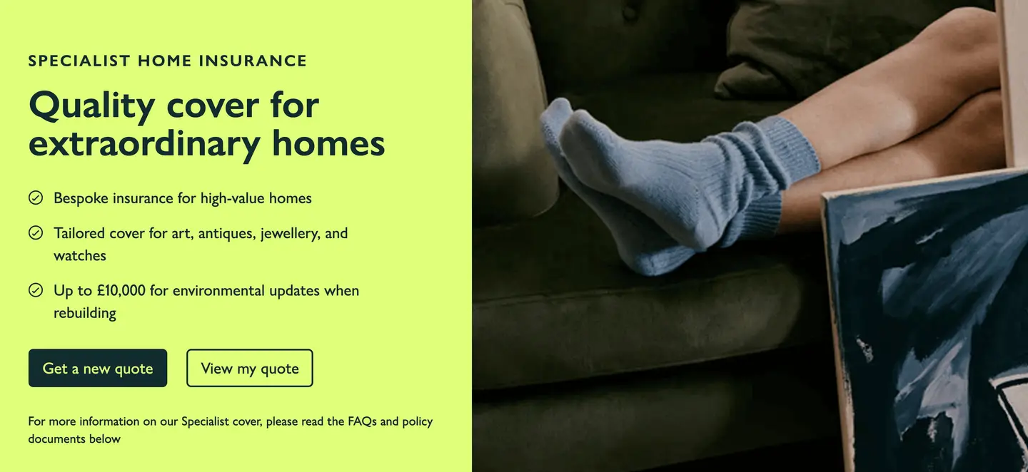 John Lewis Specialist Home Insurance page, "Quality cover for extraordinary homes," listing bespoke cover for high-value homes and tailored cover for art, antiques, jewellery and watches