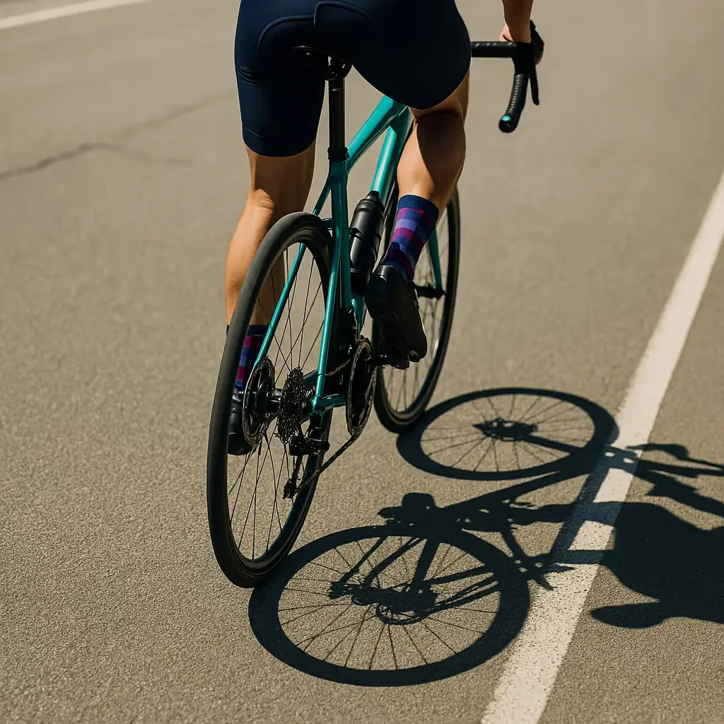 Cyclist riding along a sunlit road
