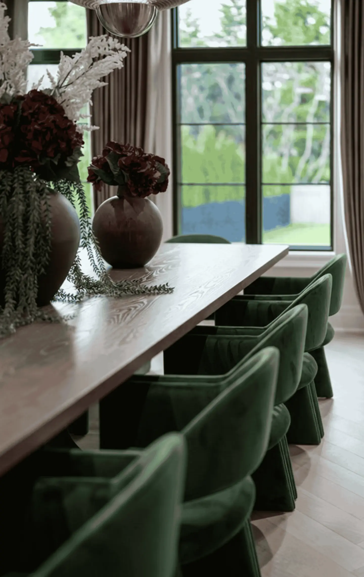 Dining table with green velvet chairs
