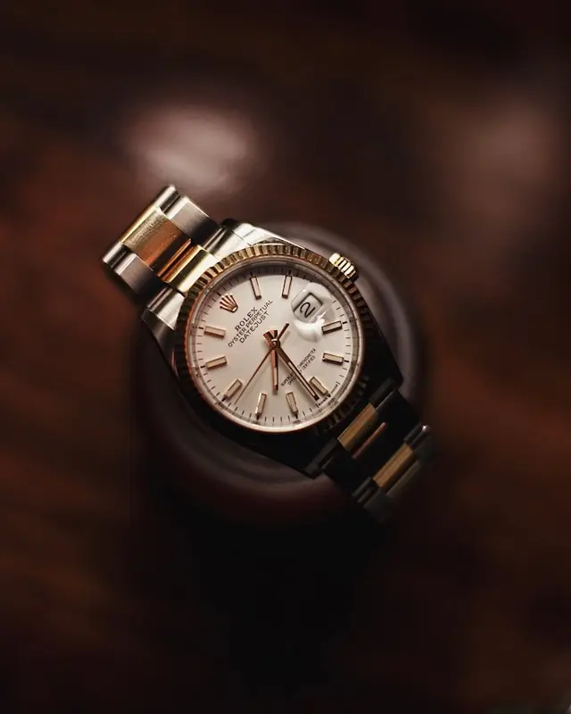 Two-tone luxury wristwatch seen from above